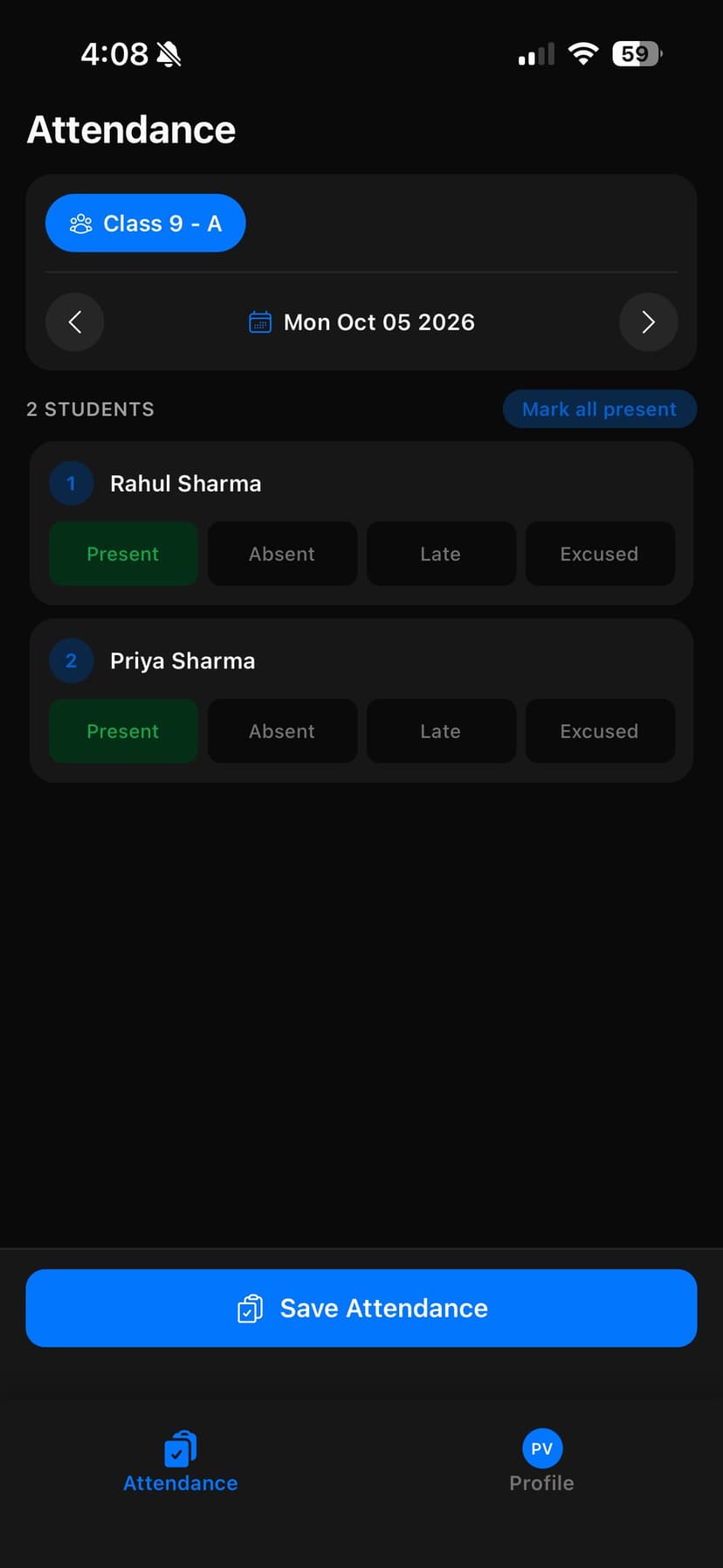Mobile app attendance