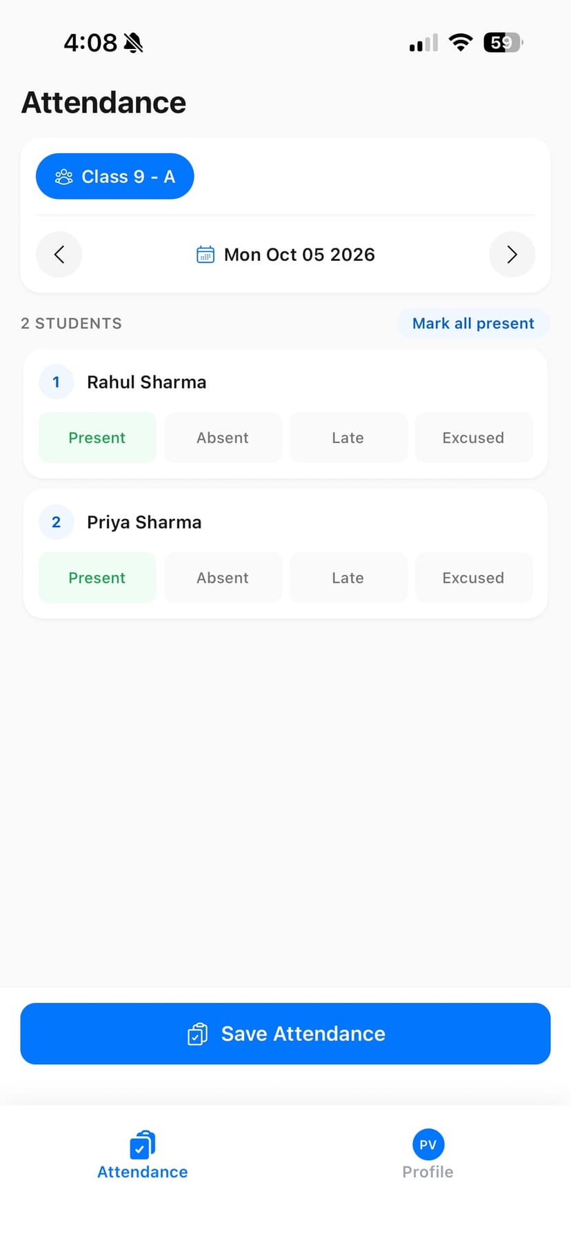 Mobile app attendance