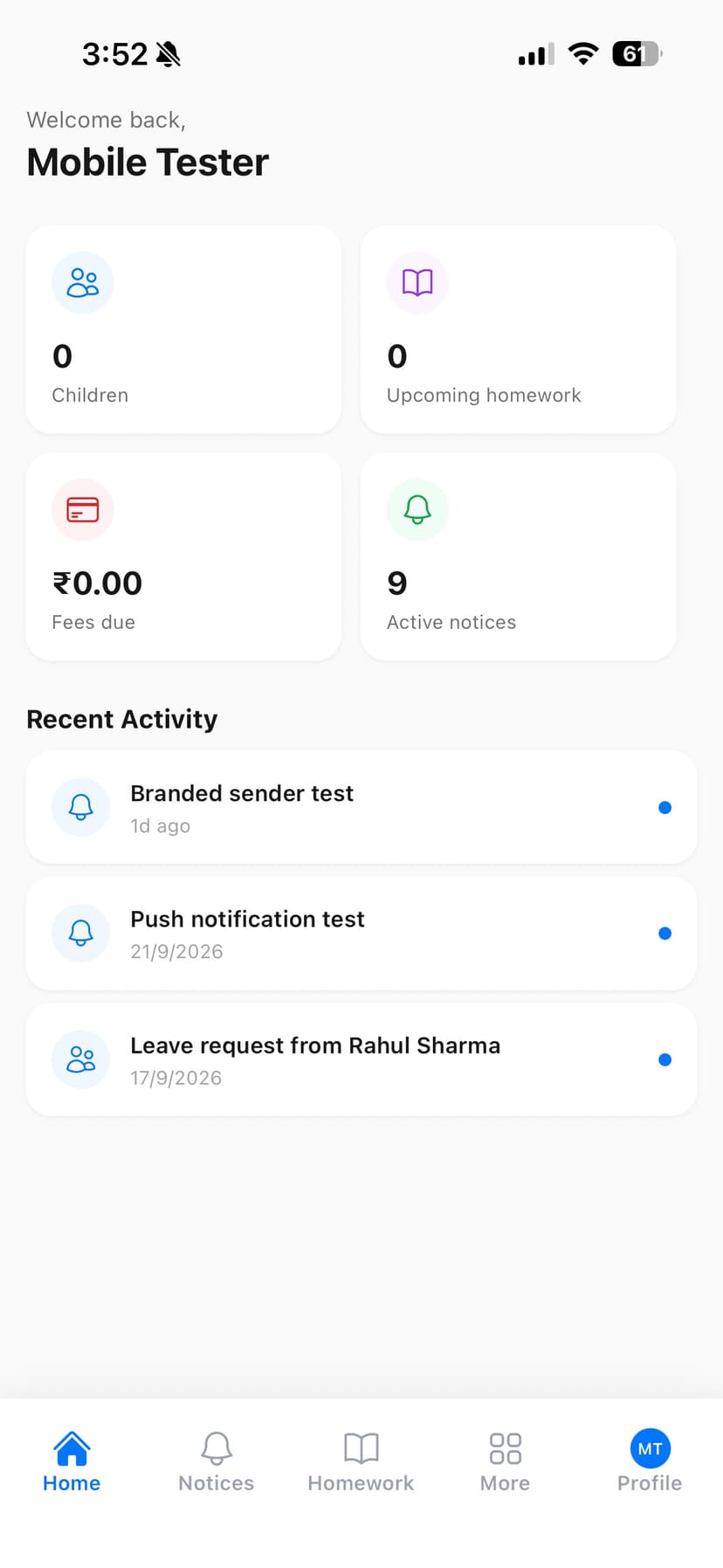 Mobile app parent dashboard