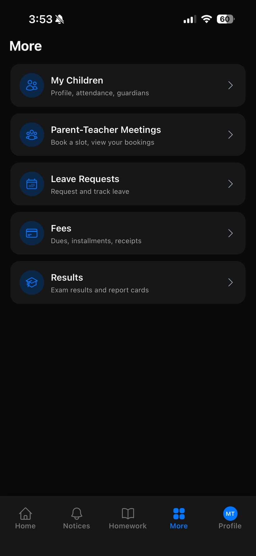 Mobile app more menu