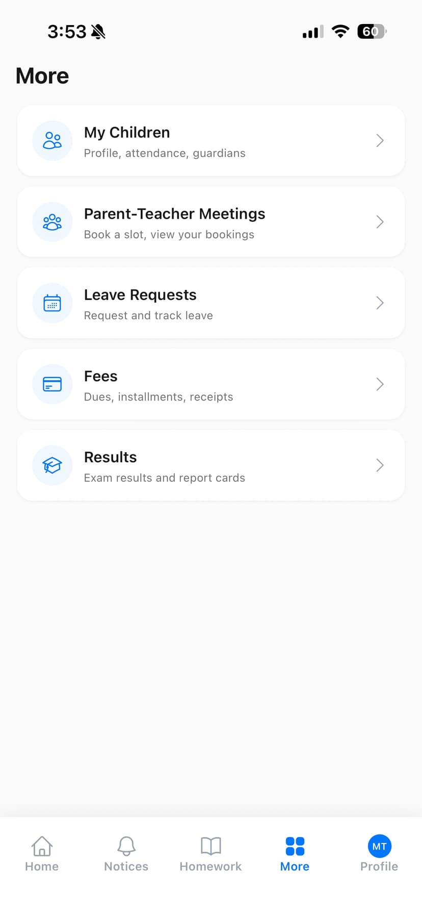 Mobile app more menu